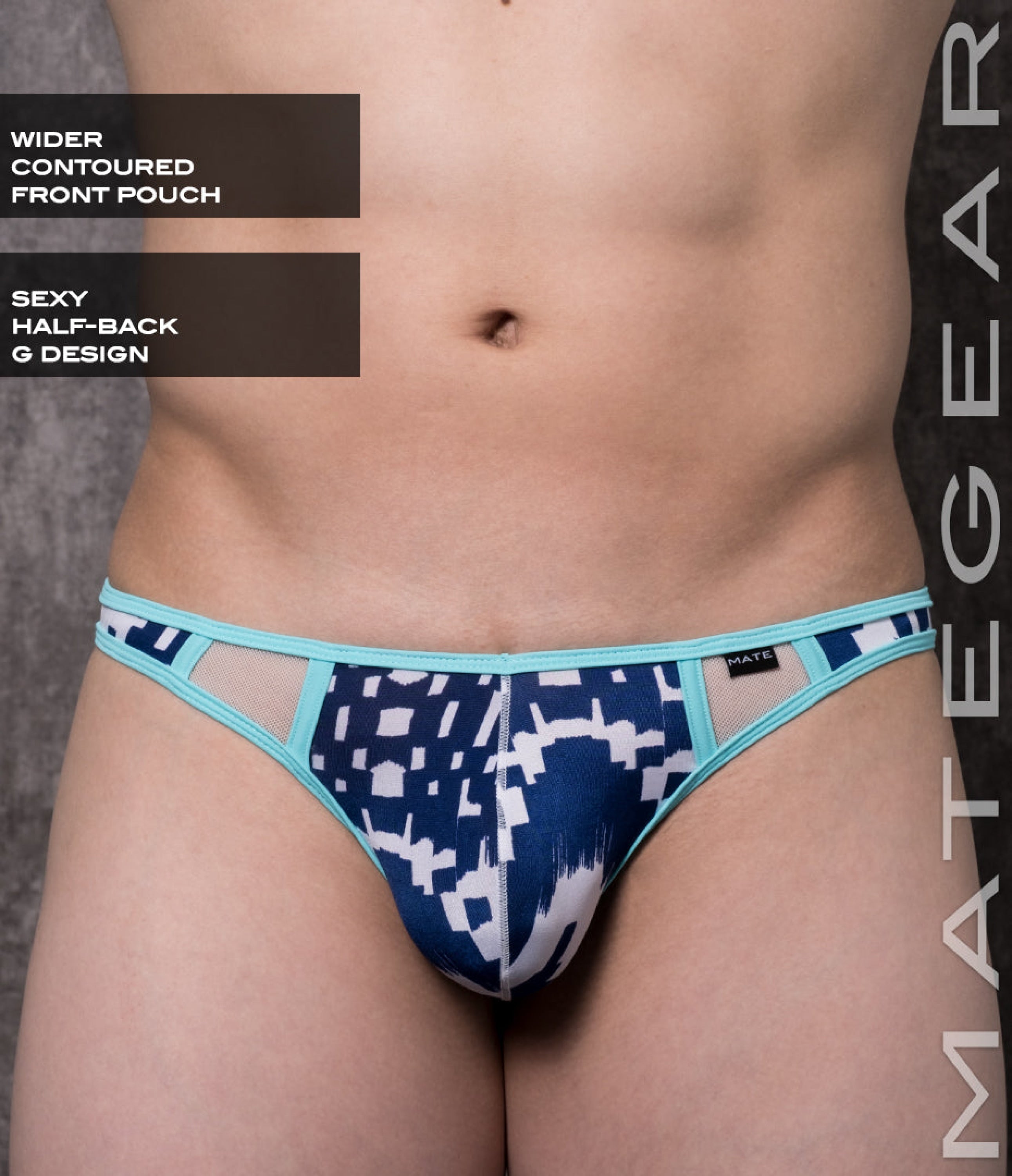 Sexy Mens Swimwear Ultra Swim Bikini - Pak Eun (Half Back G) Blue Abstract Print Thin Nylon / Medium