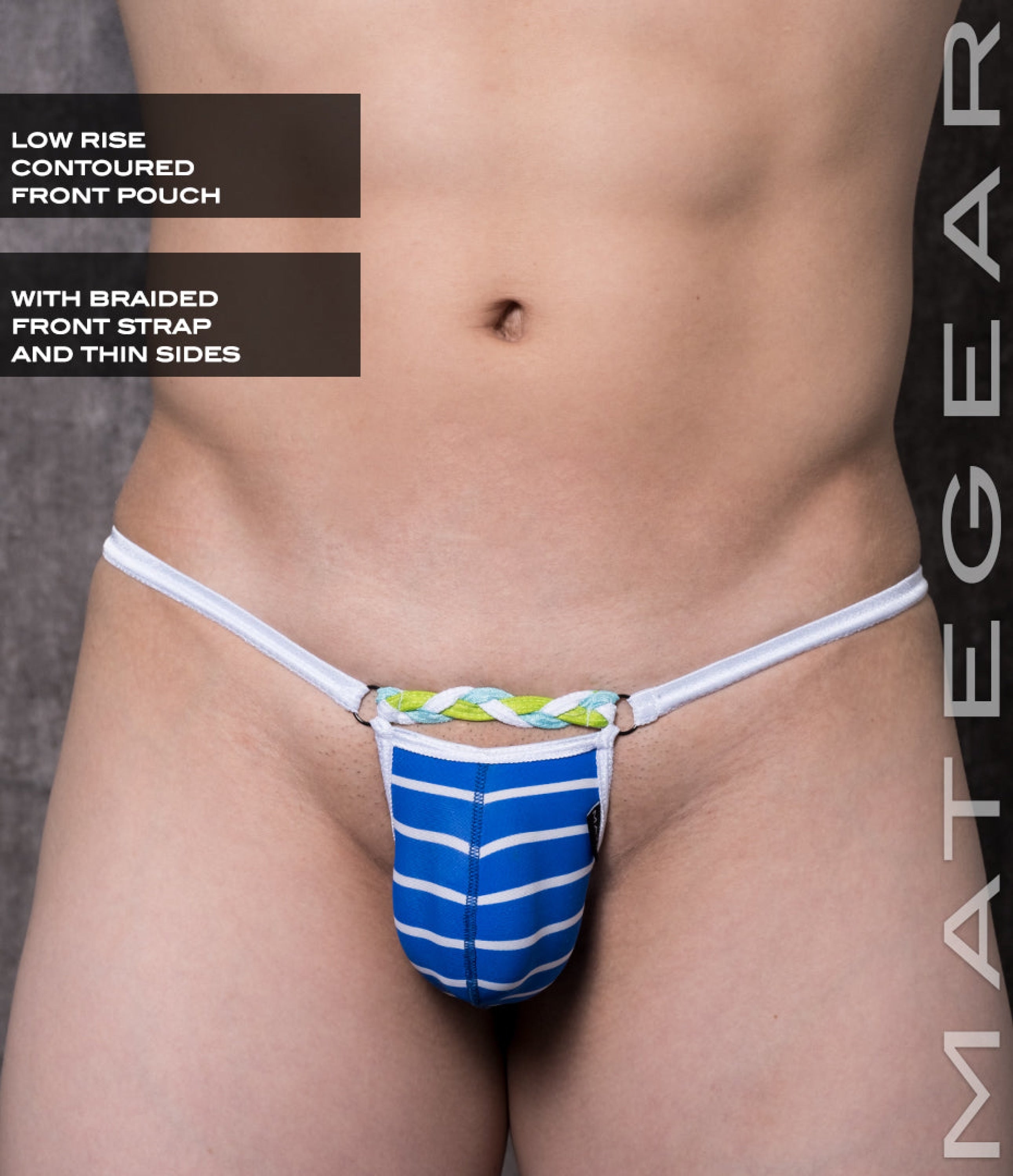 Sexy Mens Swimwear Ultra Swim Pouch Bikini - Tan Mi Blue White Striped Nylon / Medium