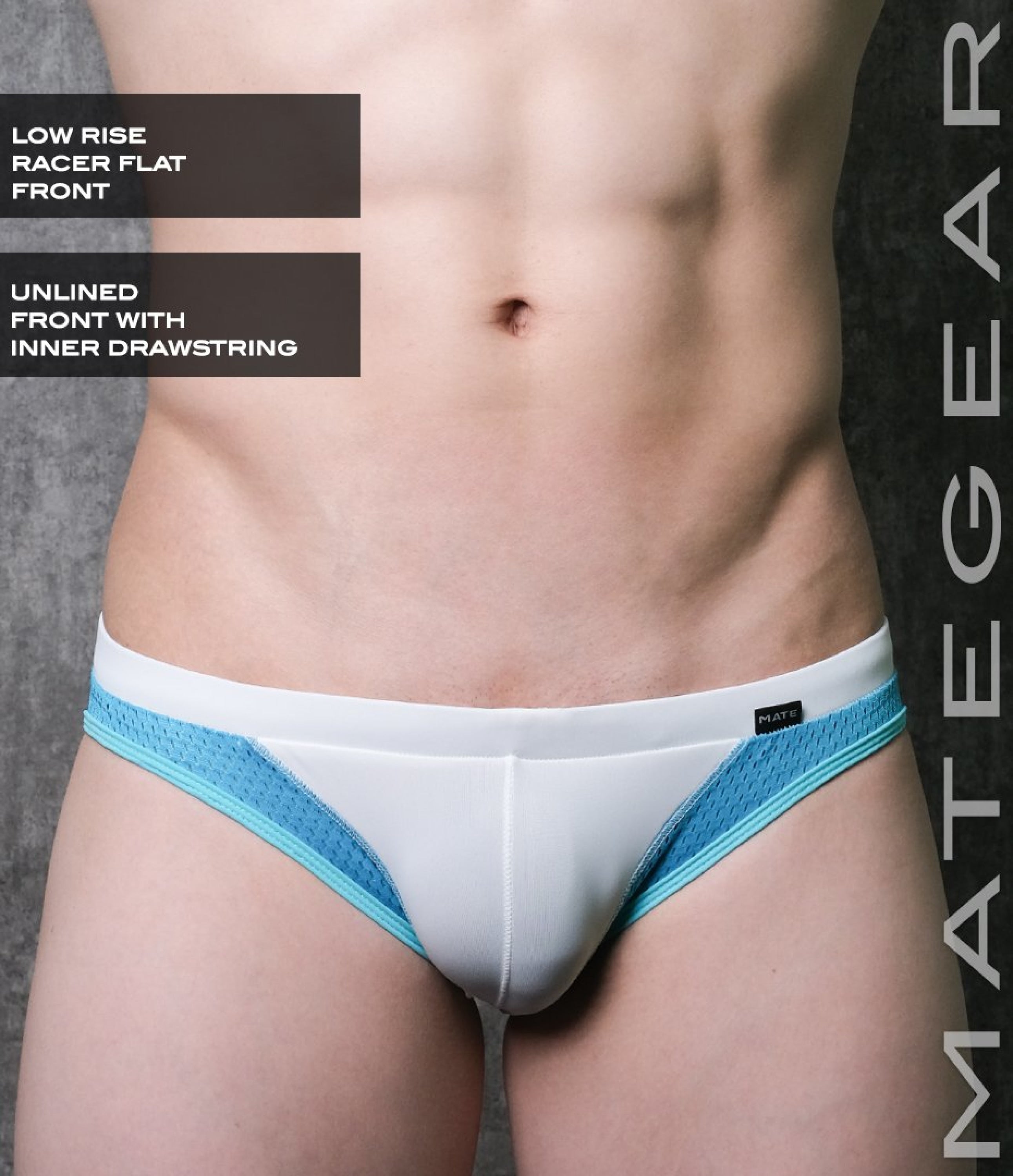 Sexy Mens Swimwear Ultra Swim Racer Bikini - Tak Jae (Low Rise Flat Front / With Drawstring) White
