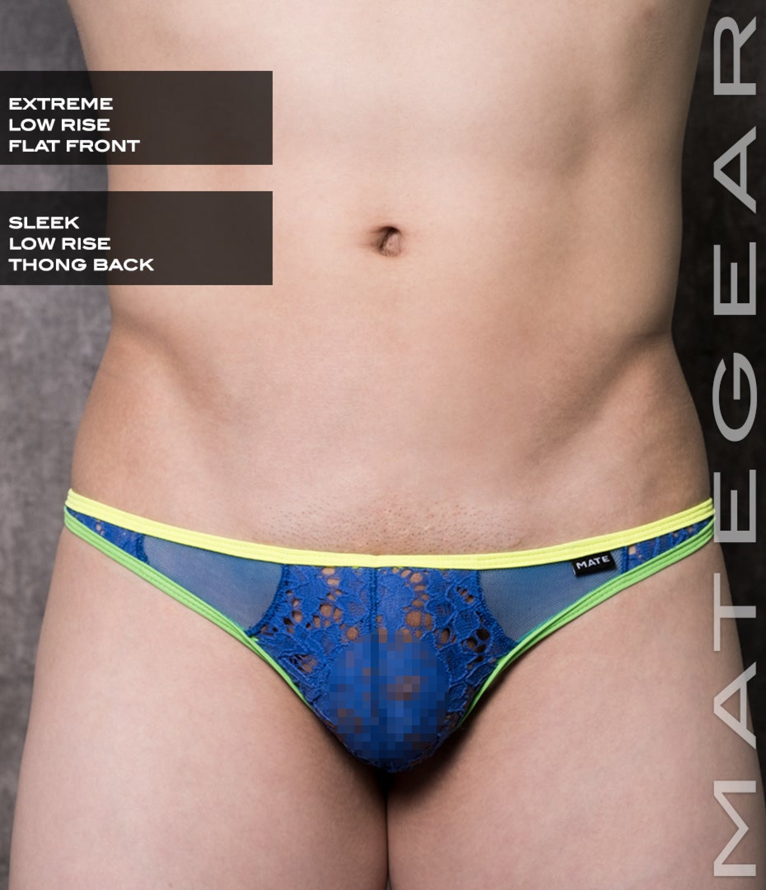 Sexy Mens Underwear Extremely Mini Thong - Sa Hyun (Flat Front) Blue Lace / Medium