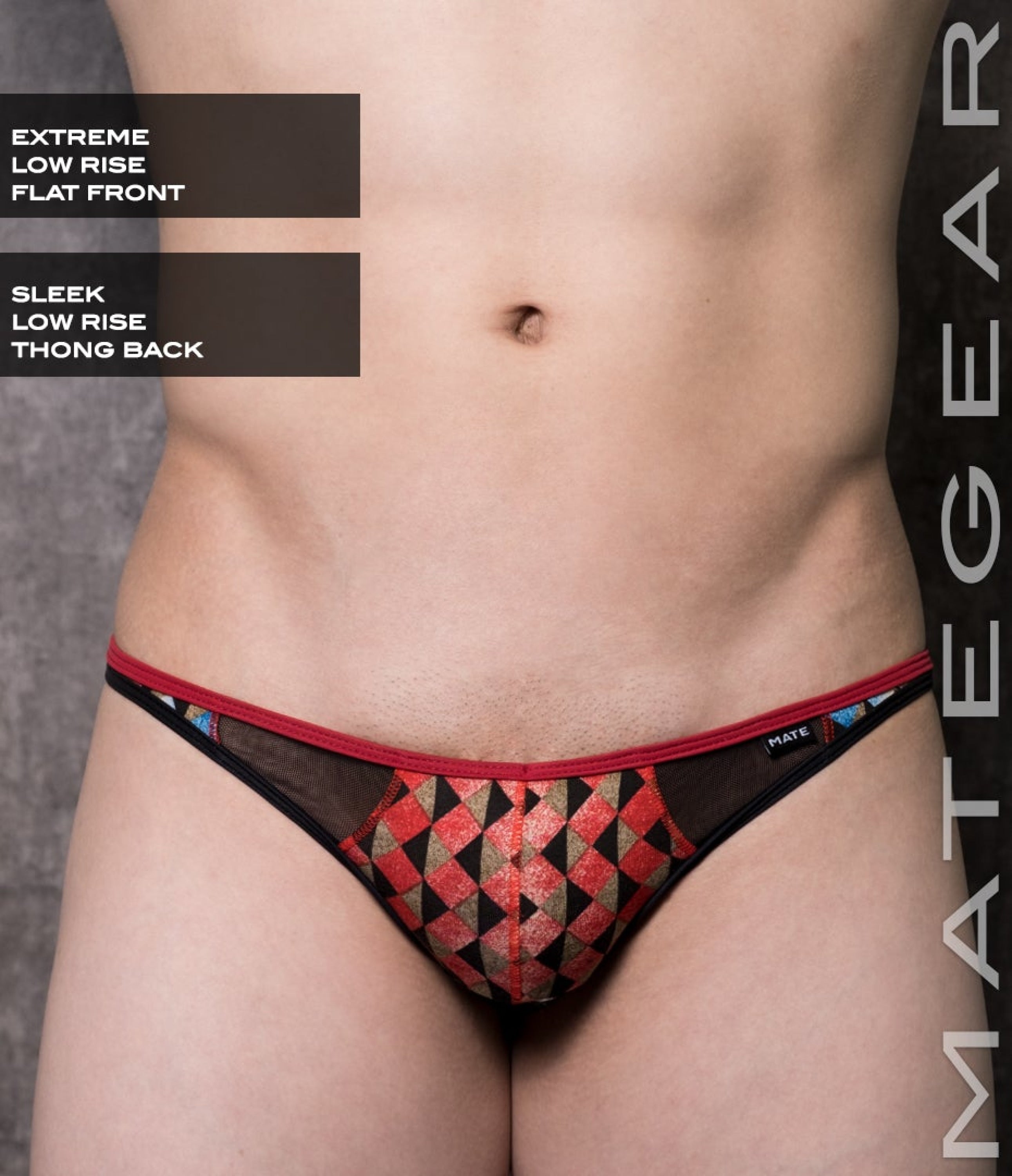 Sexy Mens Underwear Extremely Mini Thong - Sa Hyun (Flat Front) Red Black Diamond Print / Medium